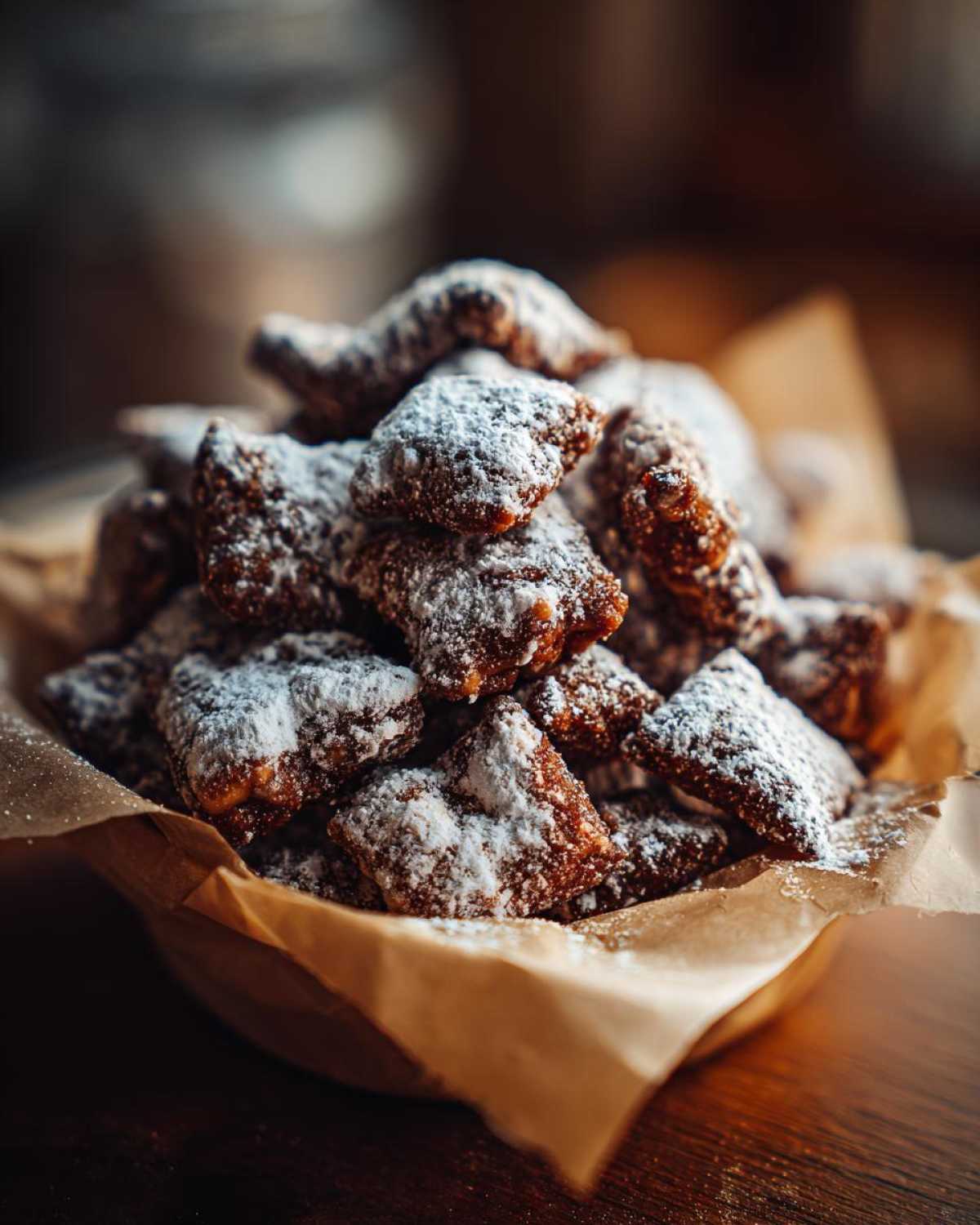 Close-up of a bowl of Puppy Chow, a sweet snack covered in powdered sugar.