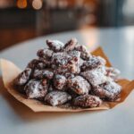 A pile of homemade puppy chow snack, coated in powdered sugar, on a brown parchment paper.