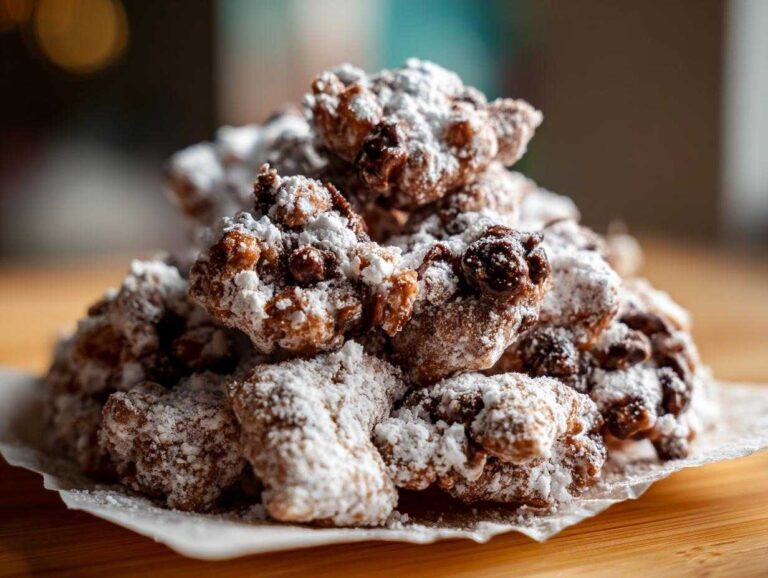 A close-up of a pile of homemade puppy chow snack, coated in powdered sugar.