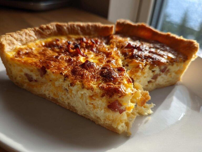 A slice of Quiche Lorraine with a golden-brown crust, creamy filling, and visible bacon pieces on a white plate.