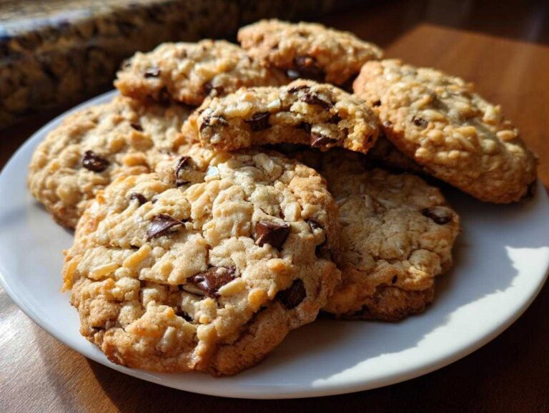 A plate of homemade Rice Krispie chocolate chip cookies, some with visible chocolate chunks.