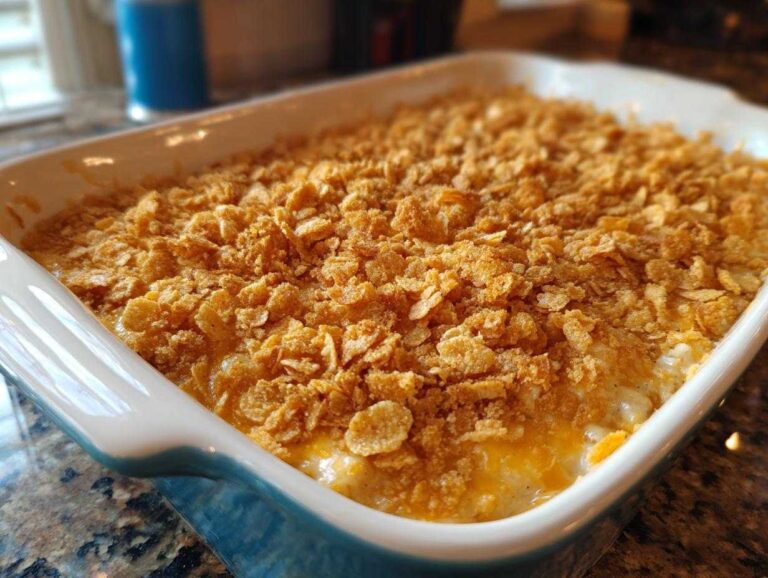 Baked ritz chicken and rice casserole in a blue and white baking dish, topped with a golden ritz cracker crust.