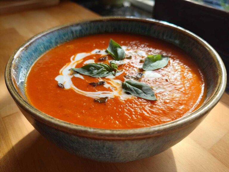 A bowl of vibrant roasted tomato soup garnished with cream and fresh basil leaves.