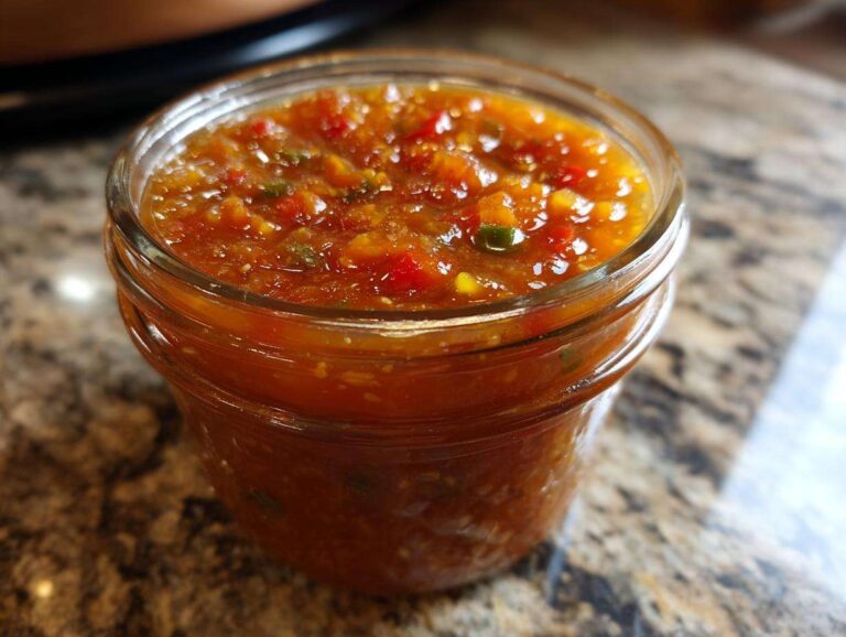 Close-up of a glass jar filled with freshly made salsa for salsa canning.