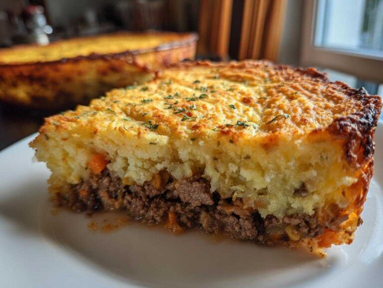 A close-up of a slice of shepherd's pie, showcasing layers of meat, vegetables, and mashed potato topping.