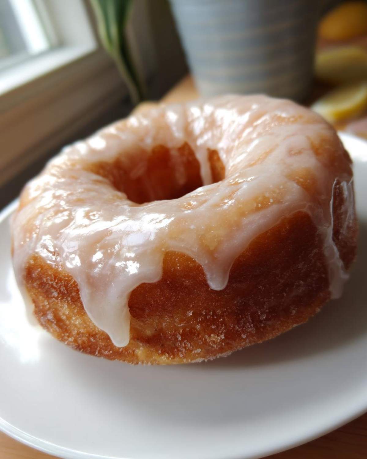 A delicious donut with a shiny donut glaze, dripping down the sides, on a white plate.