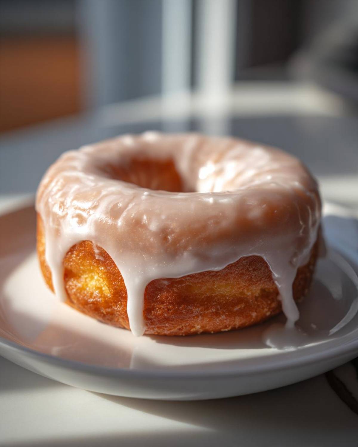 Close-up of a donut with a shiny donut glaze dripping down the sides, sitting on a white plate.