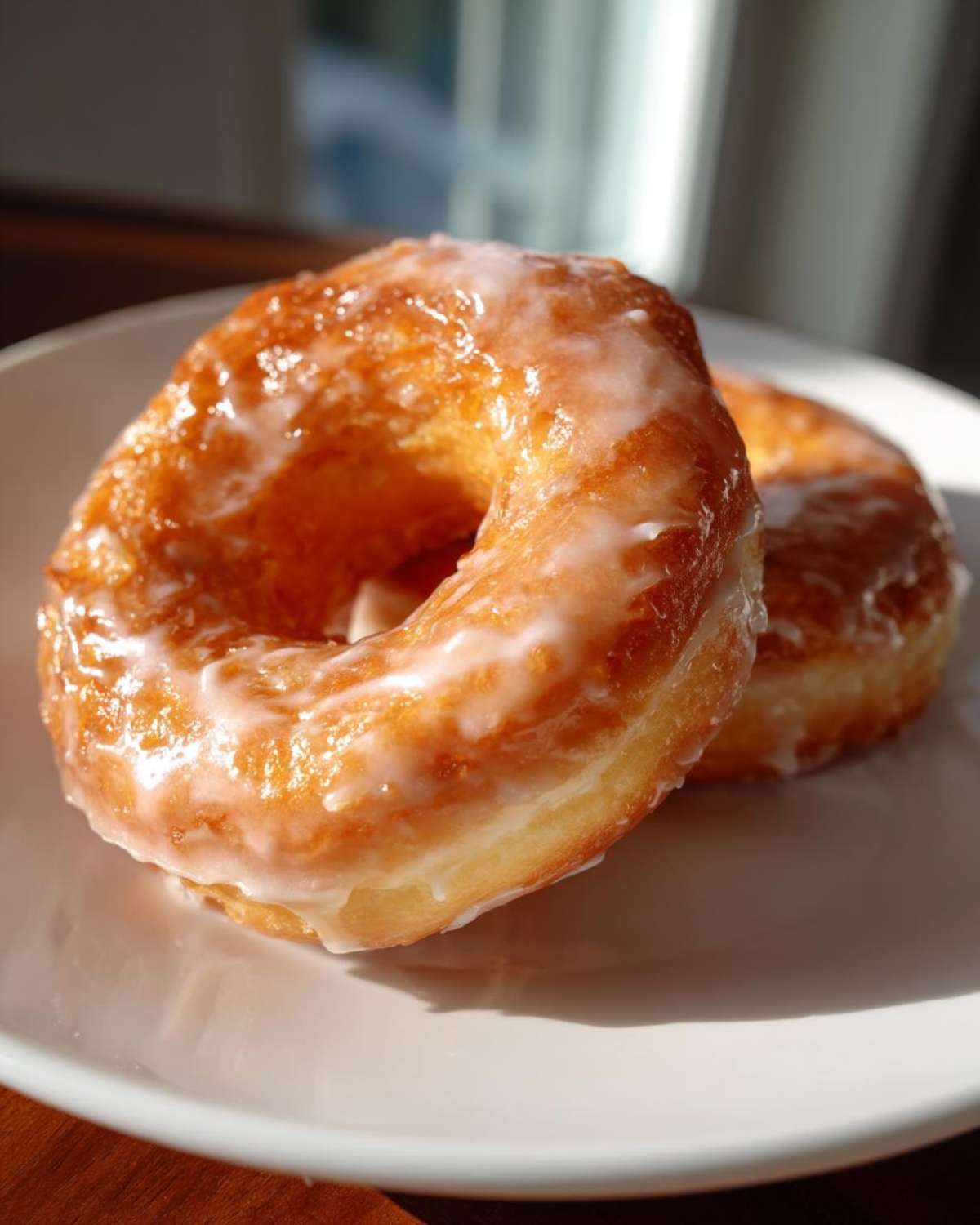 Two donuts with a shiny donut glaze on a white plate, showcasing the simple, delicious recipe.