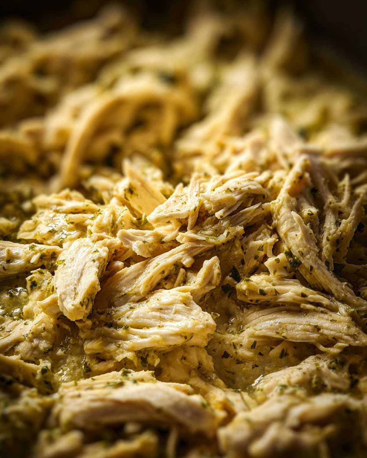 Close-up of shredded chicken with herbs, ready for slow cooker white chicken chili.