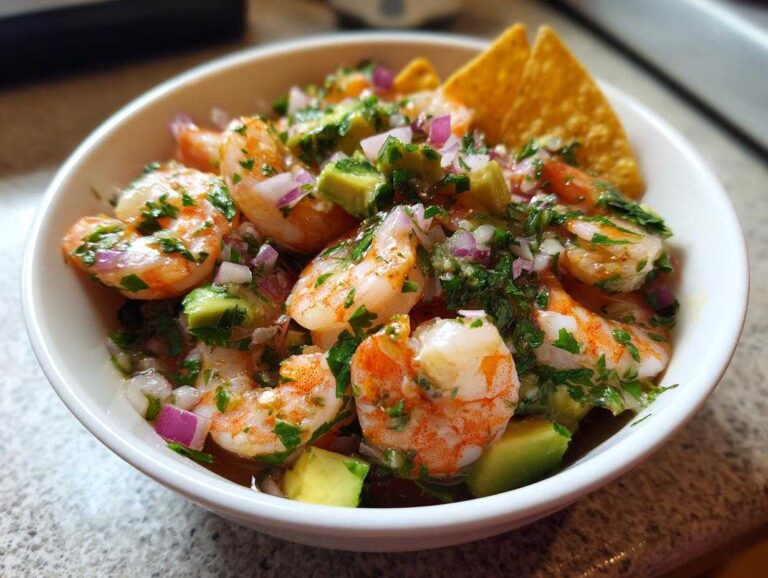 Close-up of a bowl of vibrant shrimp ceviche with shrimp, avocado, red onion, cilantro, and tortilla chips.