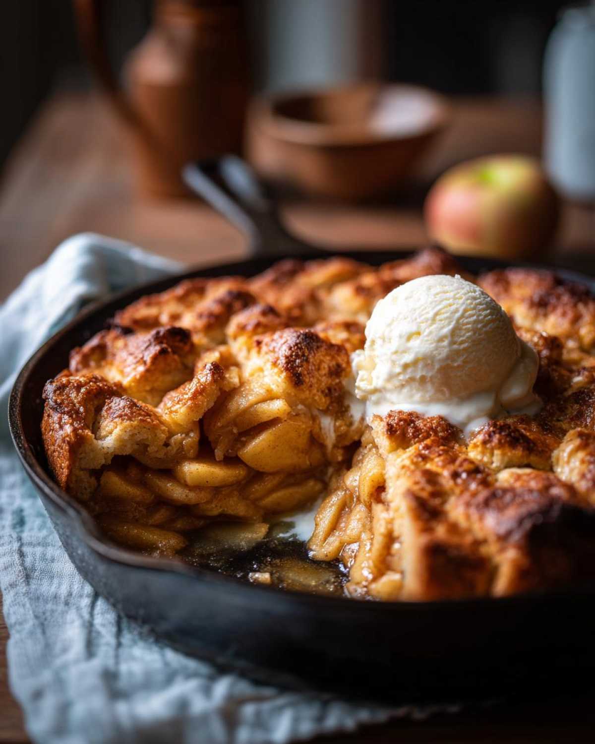 Warm apple cobbler in a skillet topped with a scoop of vanilla ice cream. Delicious apple cobbler dessert.