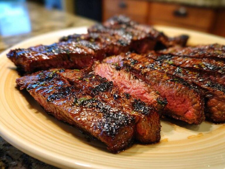 Close-up of sliced skirt steak showing the results of the skirt steak marinade, cooked to medium-rare perfection.