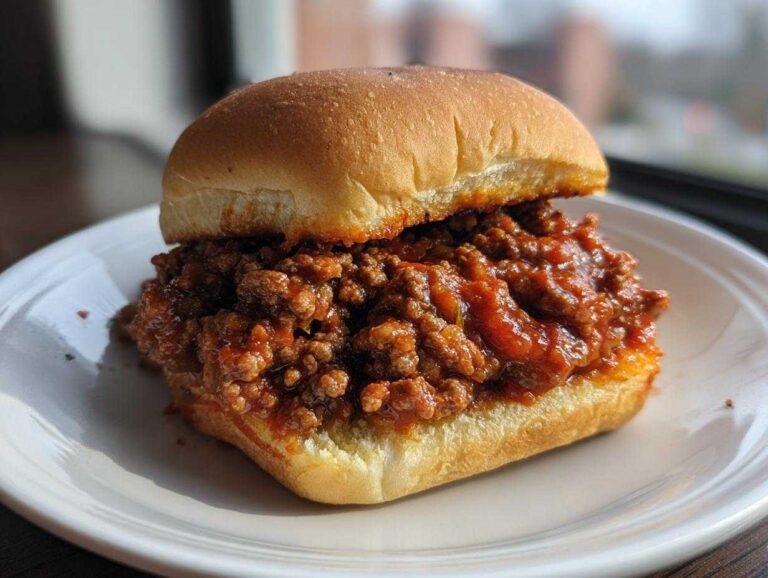 A delicious Sloppy Joe sandwich on a white plate, featuring a juicy ground beef filling and a soft bun.