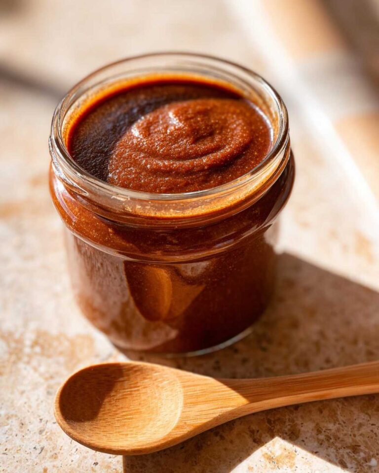 A jar filled with homemade slow cooker apple butter, with a wooden spoon resting beside it.
