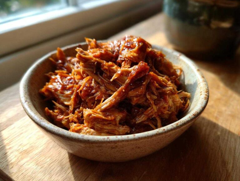 Close-up of a bowl filled with tender, shredded slow cooker BBQ chicken, glistening with sauce.