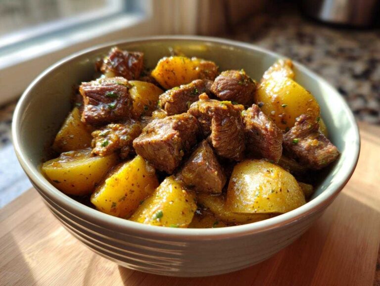 A bowl filled with tender slow cooker beef bites and potatoes, garnished with herbs.