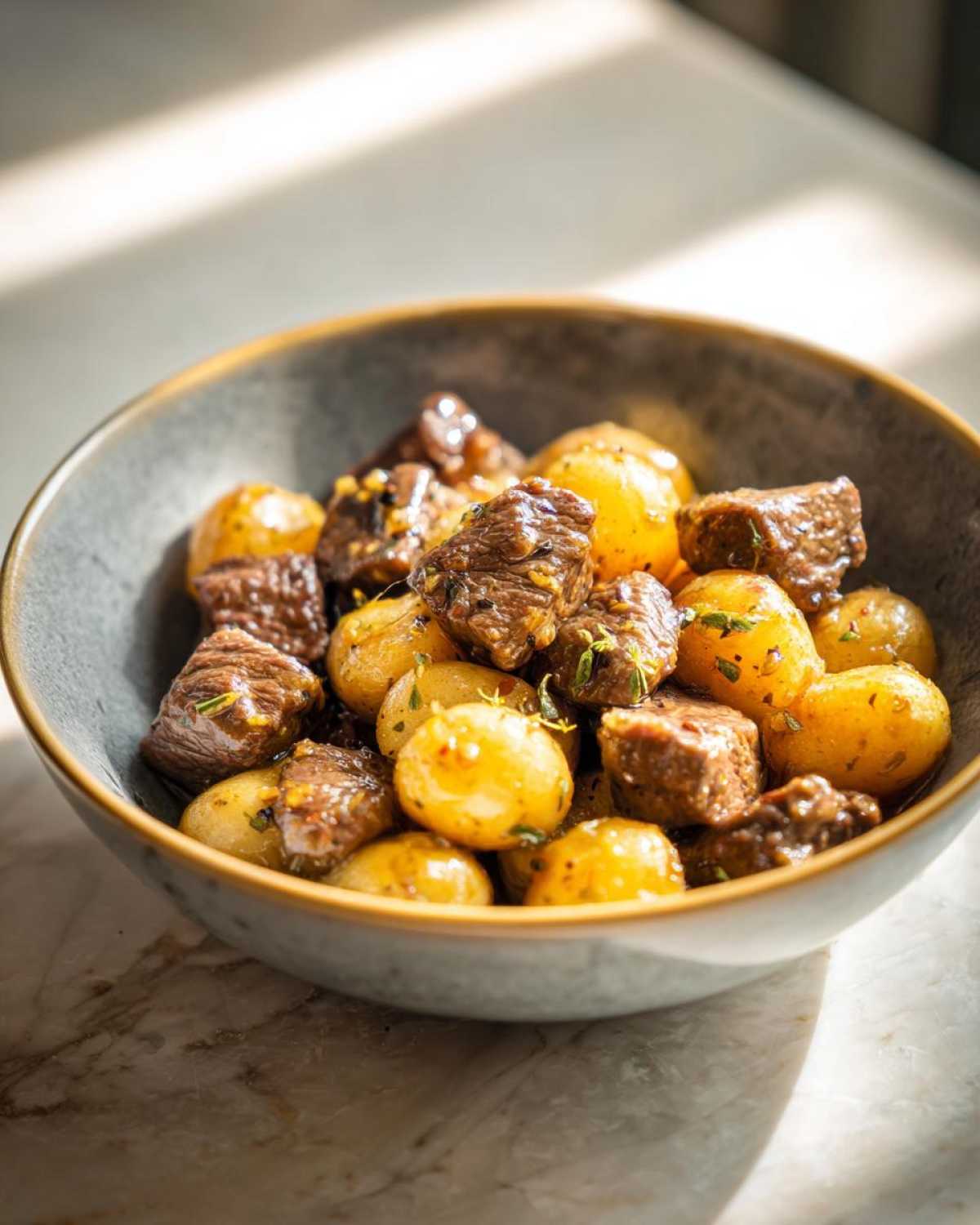 A bowl of tender slow cooker beef bites served with small potatoes and garnished with herbs.
