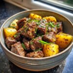 A bowl of tender slow cooker beef bites with potatoes, garnished with fresh herbs.