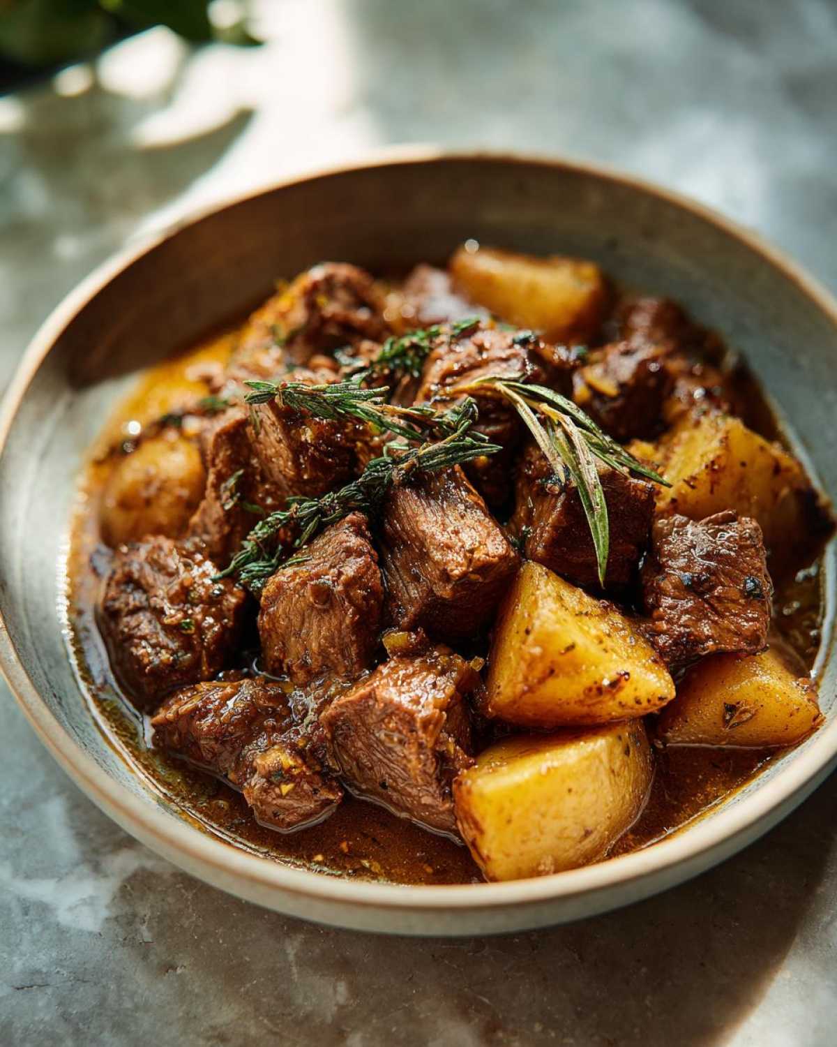 A bowl of tender slow cooker beef bites with potatoes, garnished with fresh herbs.
