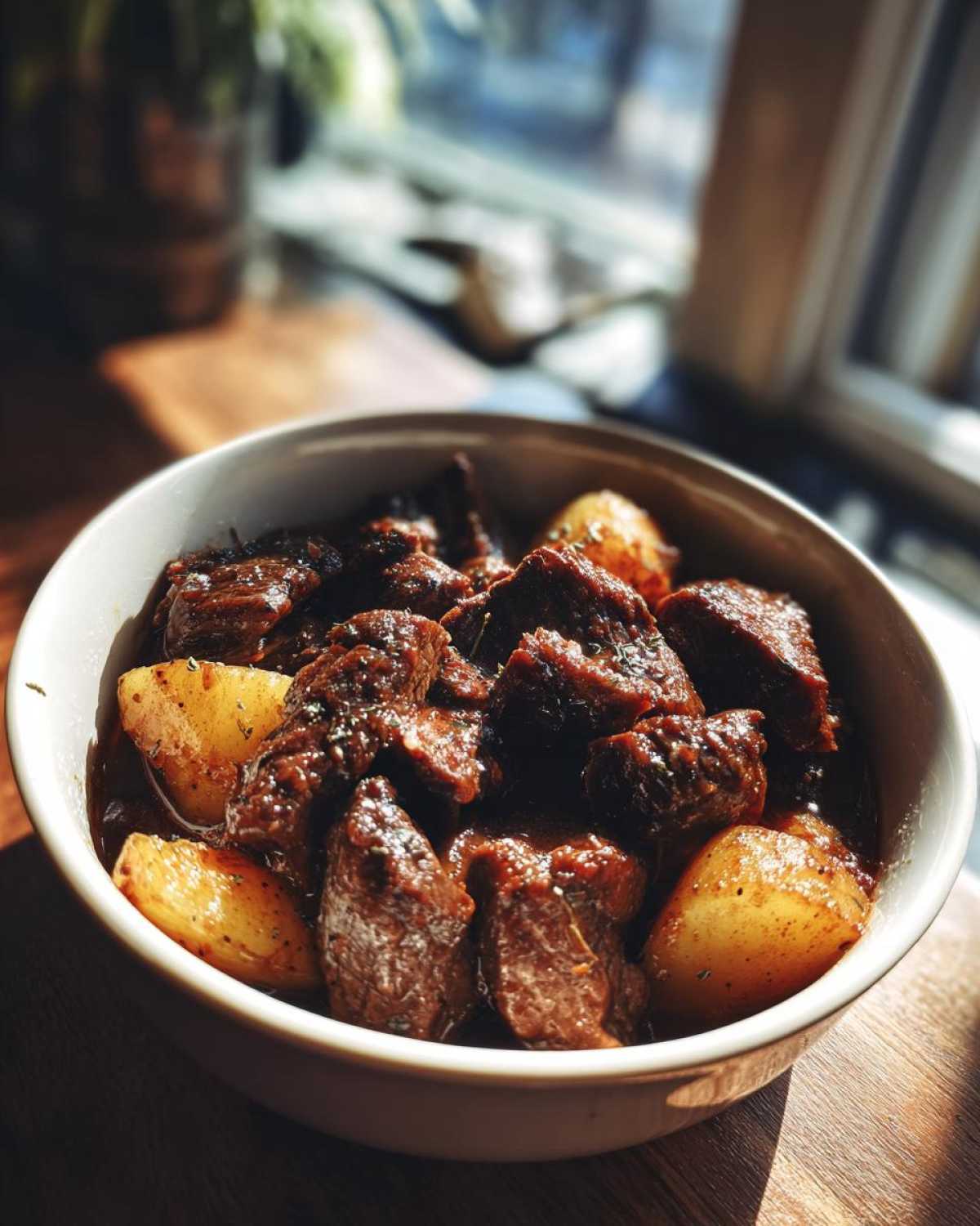 A bowl of delicious slow cooker beef bites with potatoes, glistening in a rich sauce, garnished with herbs.