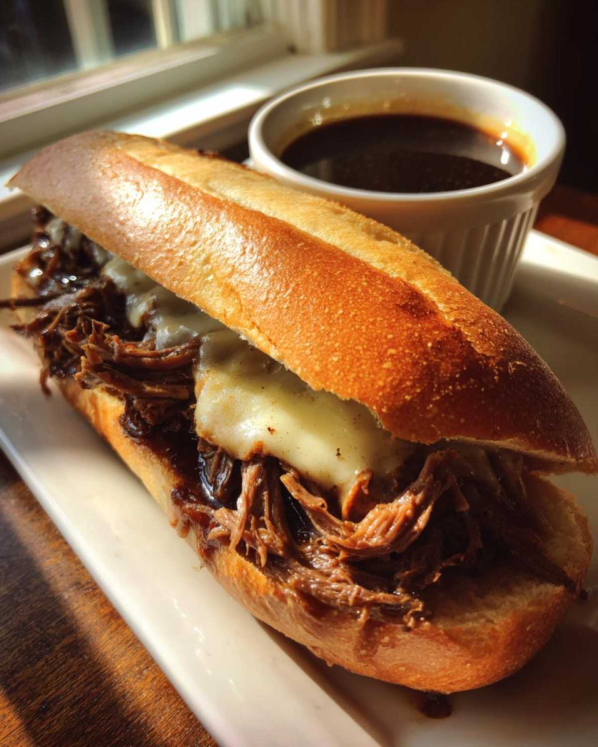 A delicious slow cooker french dip sandwich with melted cheese and a side of au jus.