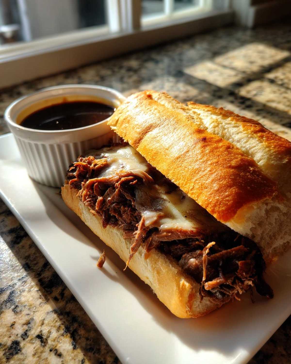 A delicious slow cooker french dip sandwich with melted cheese and a side of au jus.