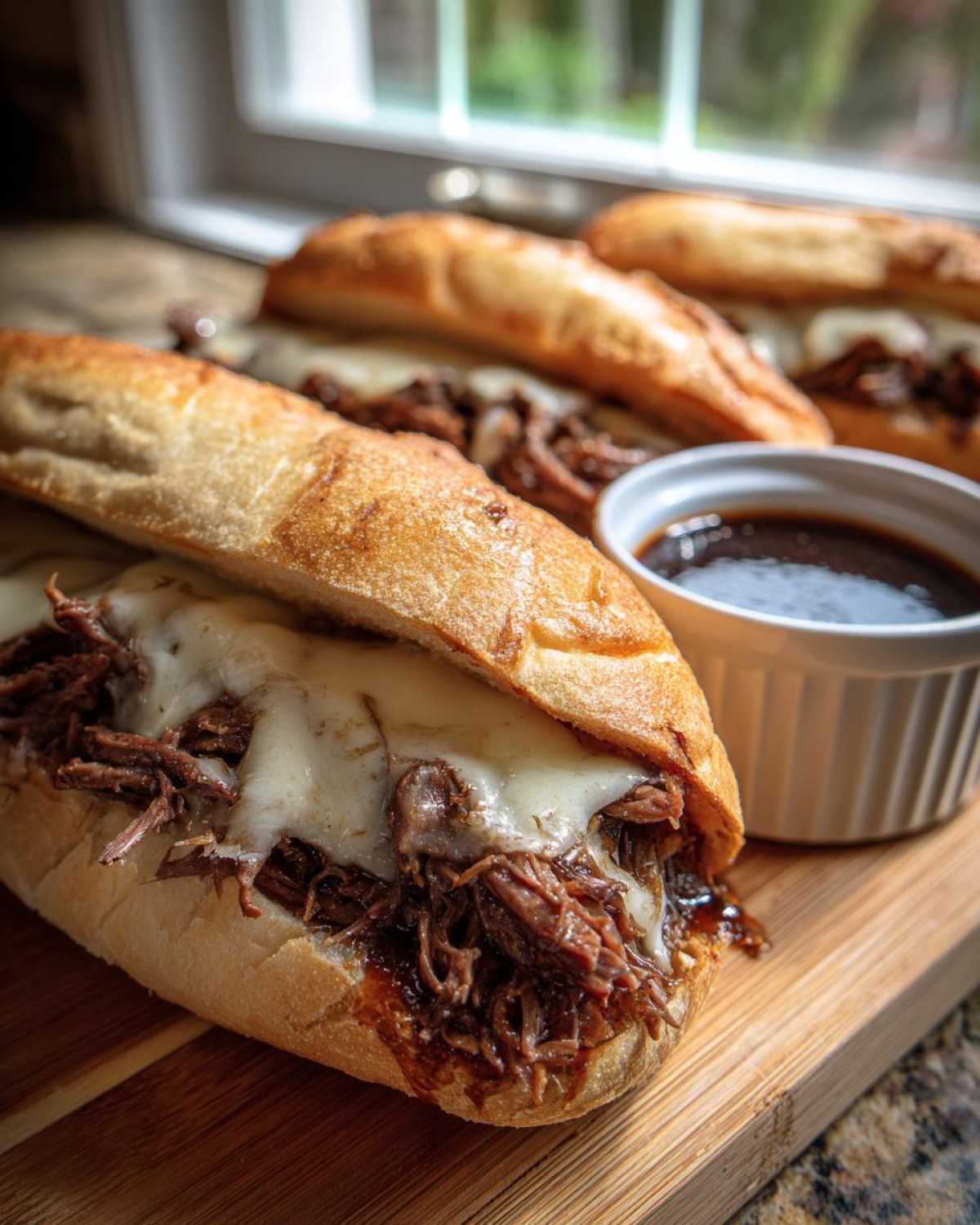 Close-up of slow cooker french dip sandwiches with melted cheese and au jus dipping sauce.
