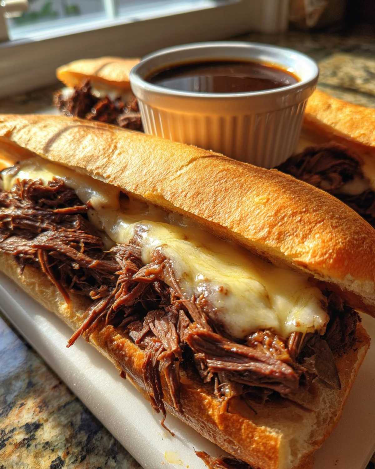 Two slow cooker french dip sandwiches with melted cheese and a side of au jus.