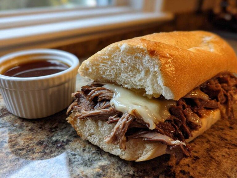 A delicious slow cooker french dip sandwiches with melted cheese and a side of au jus for dipping.