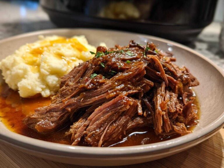 A plate of slow cooker garlic butter beef with mashed potatoes and gravy, garnished with parsley.