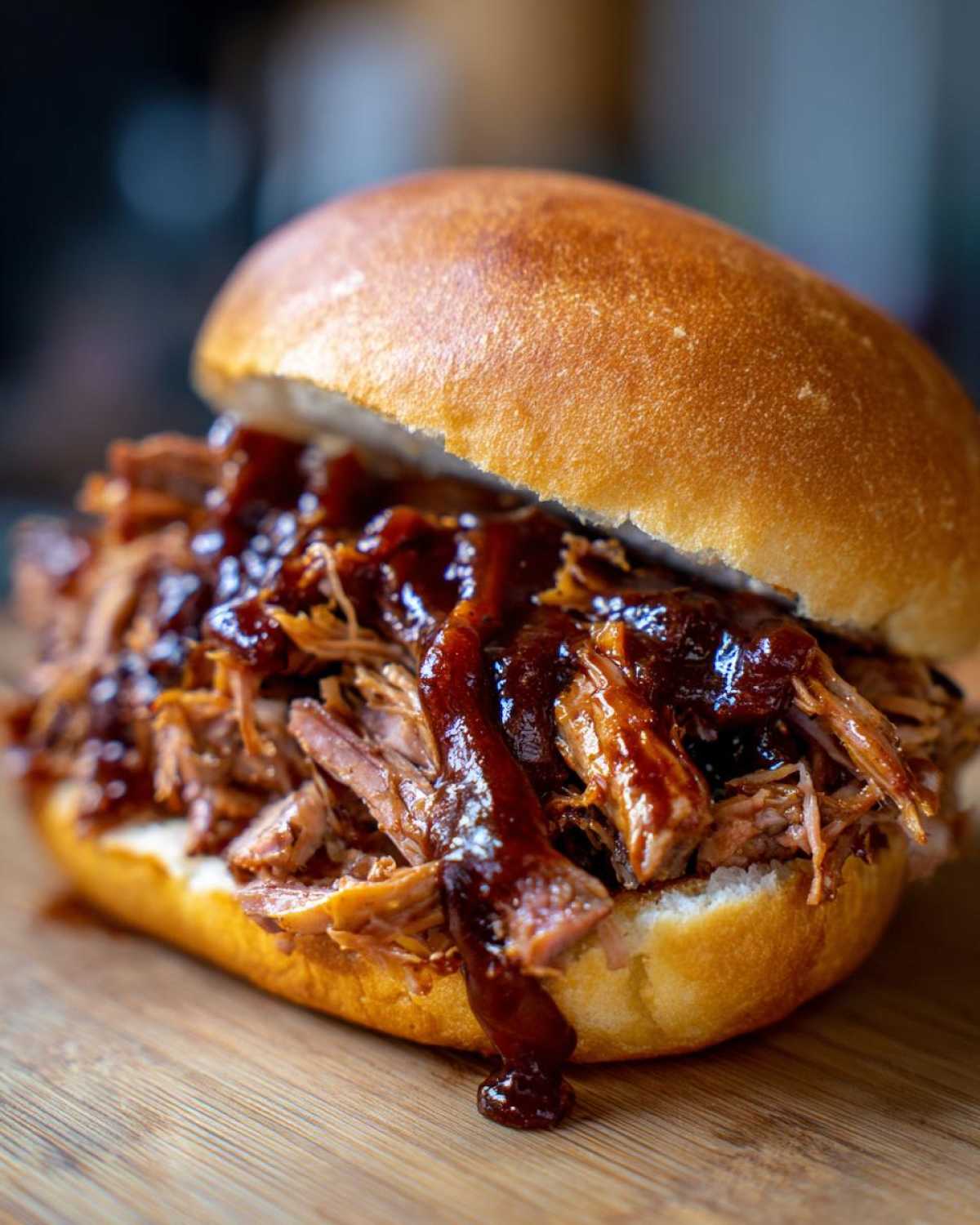 Close-up of a delicious slow cooker pulled pork sandwich with barbecue sauce on a brioche bun.