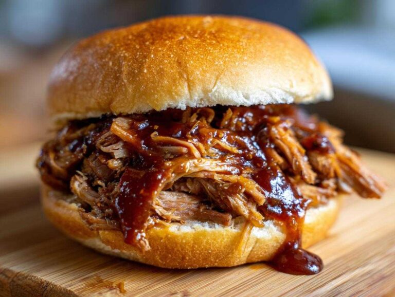 Delicious slow cooker pulled pork sandwich with BBQ sauce on a wooden board.