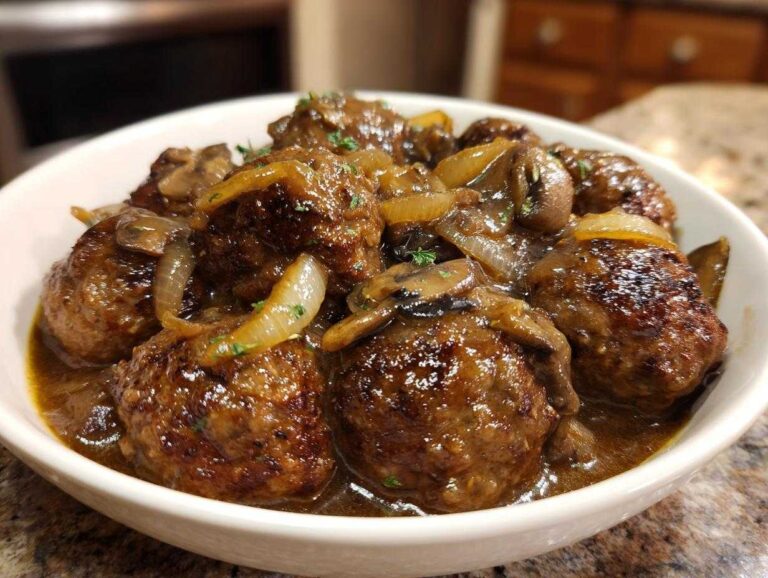 A bowl of Slow cooker salisbury steak meatballs with gravy, onions, and mushrooms.