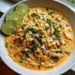 Bowl of slow cooker street corn chicken topped with cheese, cilantro, and lime wedges.