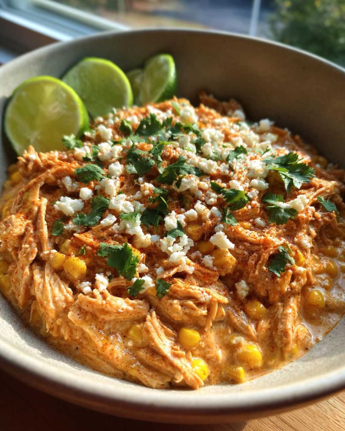 A bowl of slow cooker street corn chicken topped with cheese, cilantro, and lime wedges.