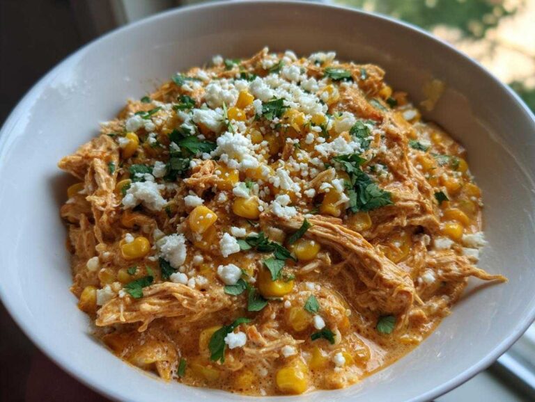 Bowl of creamy slow cooker street corn chicken, topped with cotija cheese and cilantro.