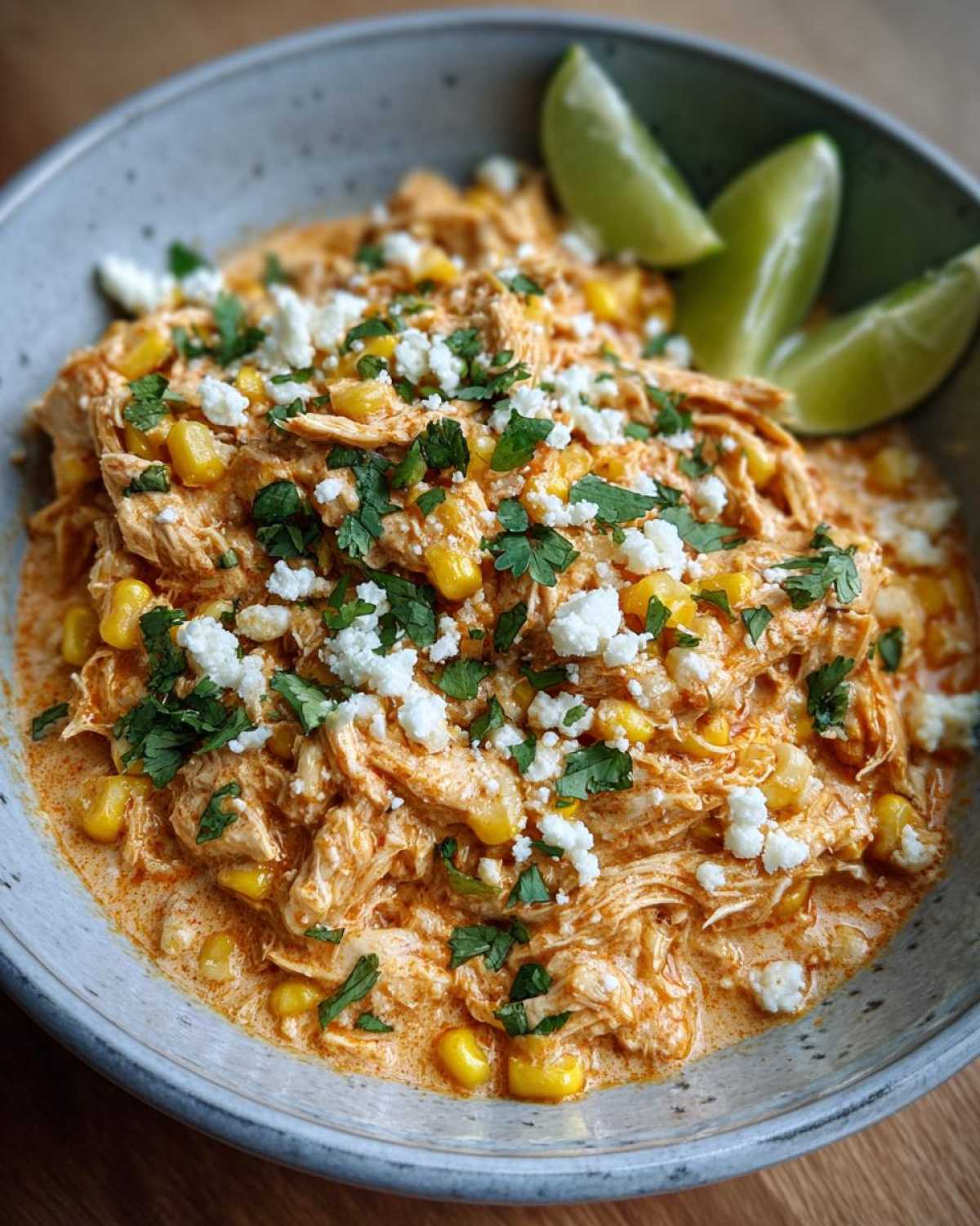 Bowl of slow cooker street corn chicken topped with cotija cheese, cilantro, and lime wedges.