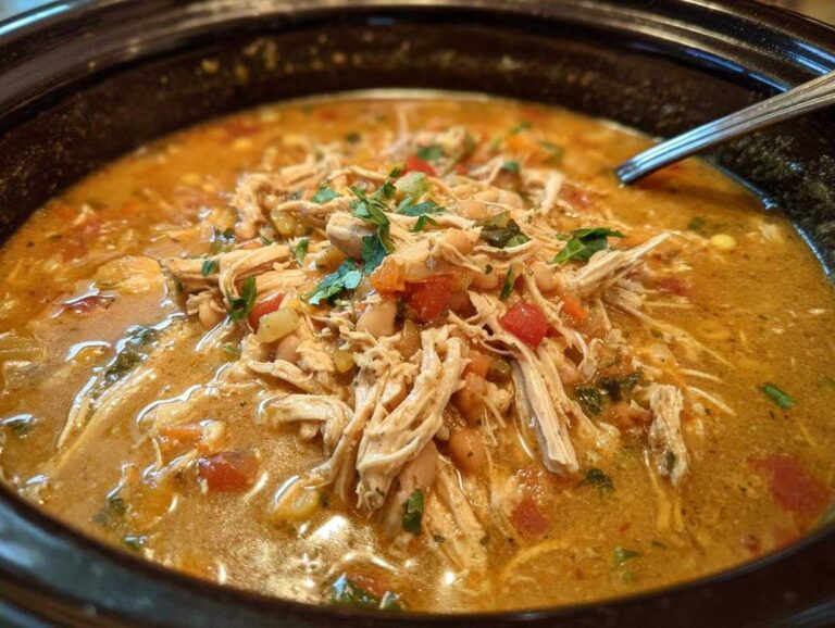 Delicious slow cooker white chicken chili, featuring shredded chicken, beans, and vegetables in a creamy broth.
