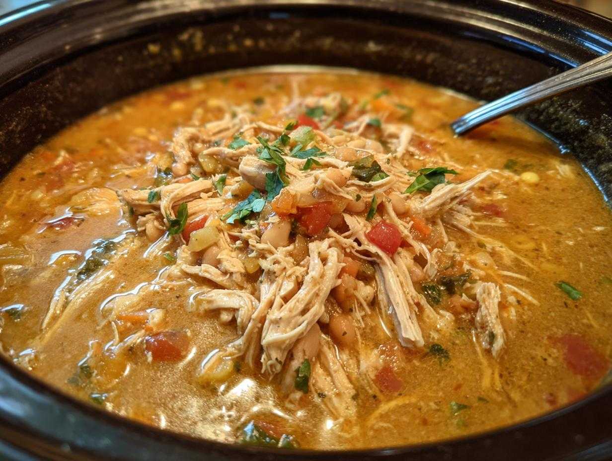Delicious slow cooker white chicken chili, featuring shredded chicken, beans, and vegetables in a creamy broth.