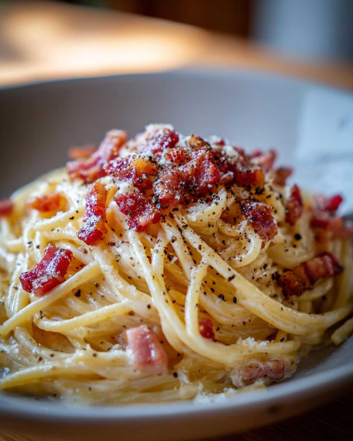 Close-up of spaghetti carbonara topped with crispy bacon and black pepper.