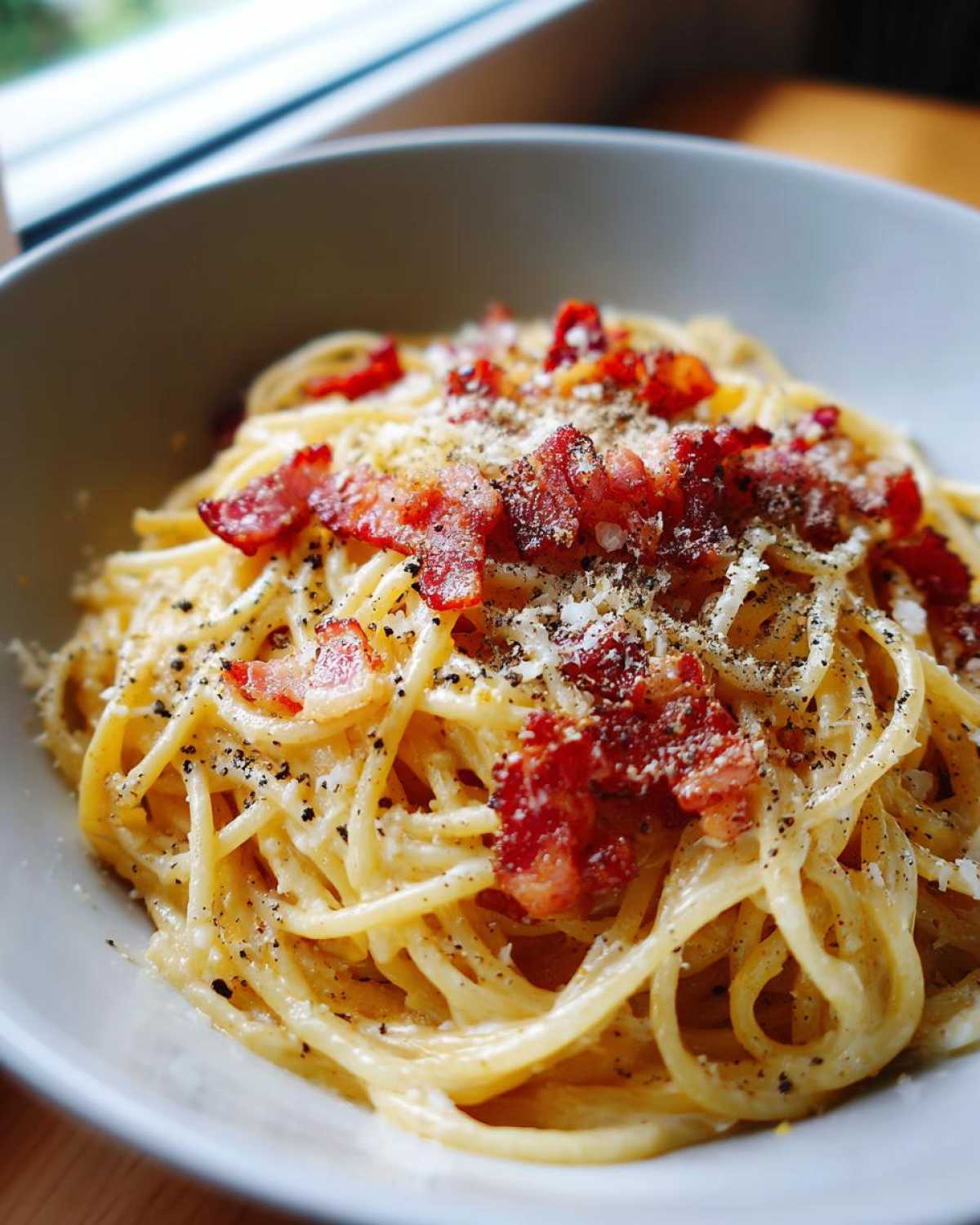 Bowl of creamy spaghetti carbonara topped with crispy bacon, parmesan cheese, and black pepper.