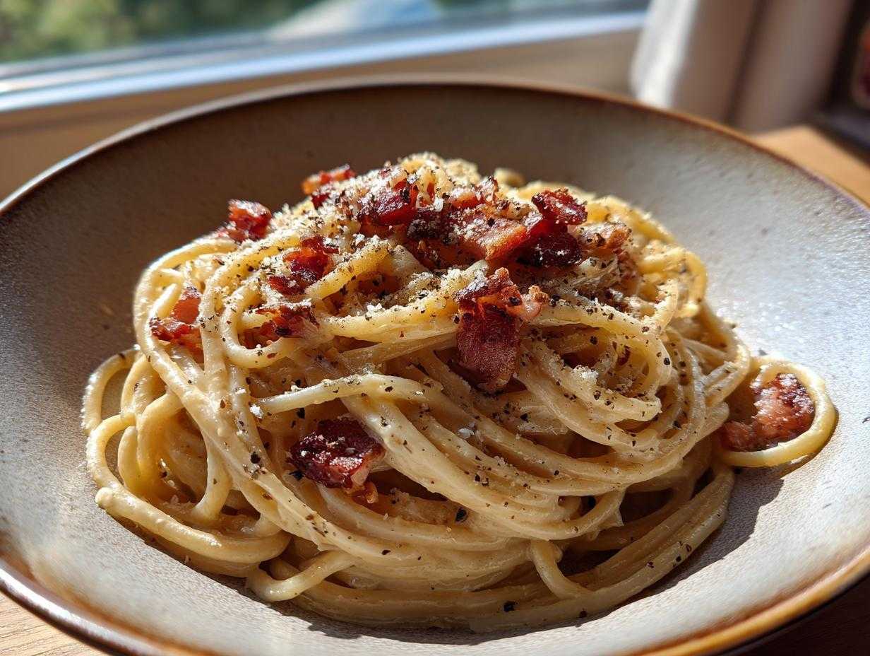 Close-up of spaghetti carbonara in a bowl, topped with crispy pancetta and freshly ground black pepper.