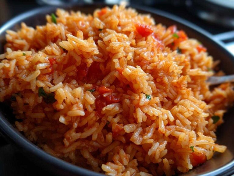Close-up of a bowl of flavorful Spanish rice, showcasing its vibrant color and texture.