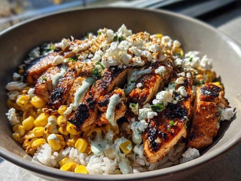 A flavorful street corn chicken bowl with grilled chicken, corn, rice, cheese, and a creamy sauce.