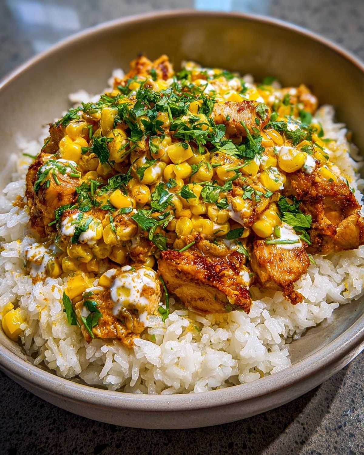 A vibrant street corn chicken rice bowl, featuring seasoned chicken, corn, rice, cilantro, and a creamy sauce.