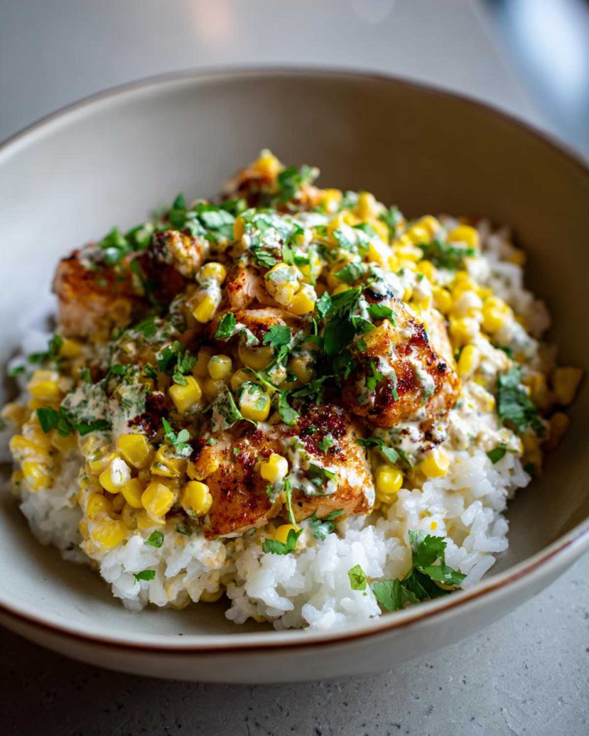 Close-up of a vibrant street corn chicken rice bowl with grilled chicken, corn, rice, and cilantro.