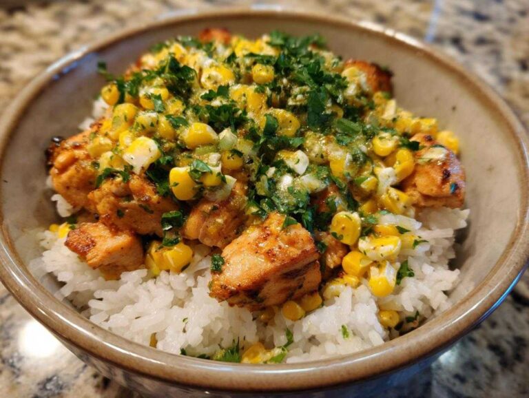 A flavorful street corn chicken rice bowl, featuring grilled chicken, corn, and herbs over rice.
