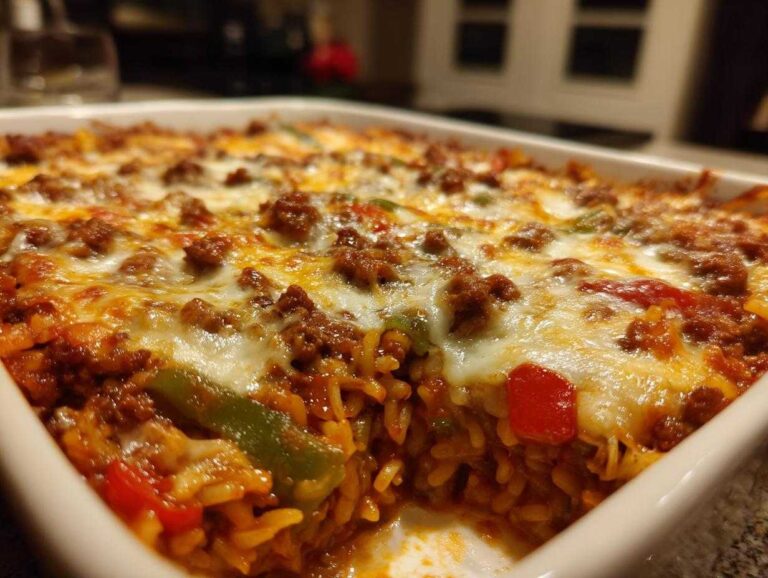 Close-up of a cheesy stuffed pepper casserole in a white baking dish, featuring rice, peppers, and ground beef.