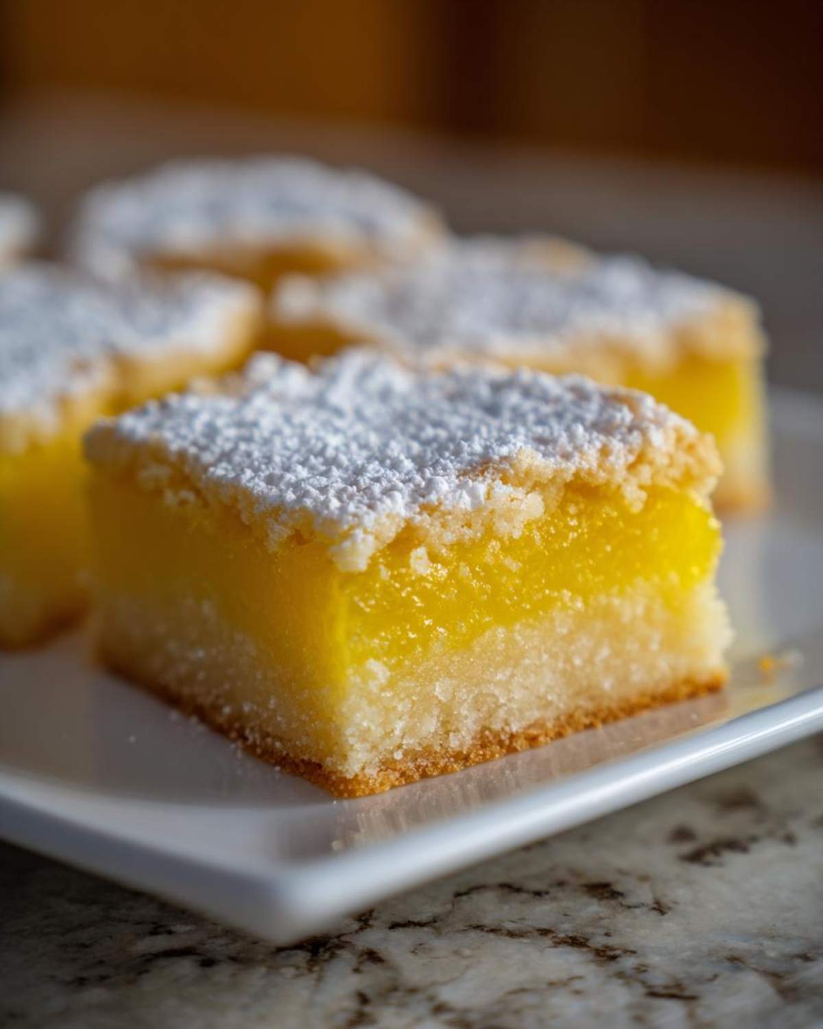 Close-up of tangy lemon bars topped with powdered sugar on a white plate.