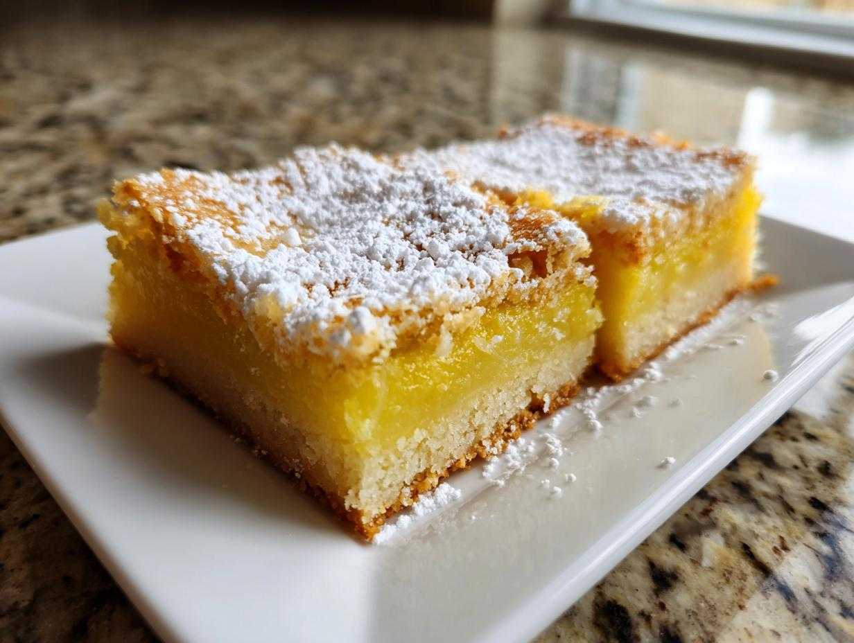 Two tangy lemon bars on a white plate, dusted with powdered sugar. Close-up shot.